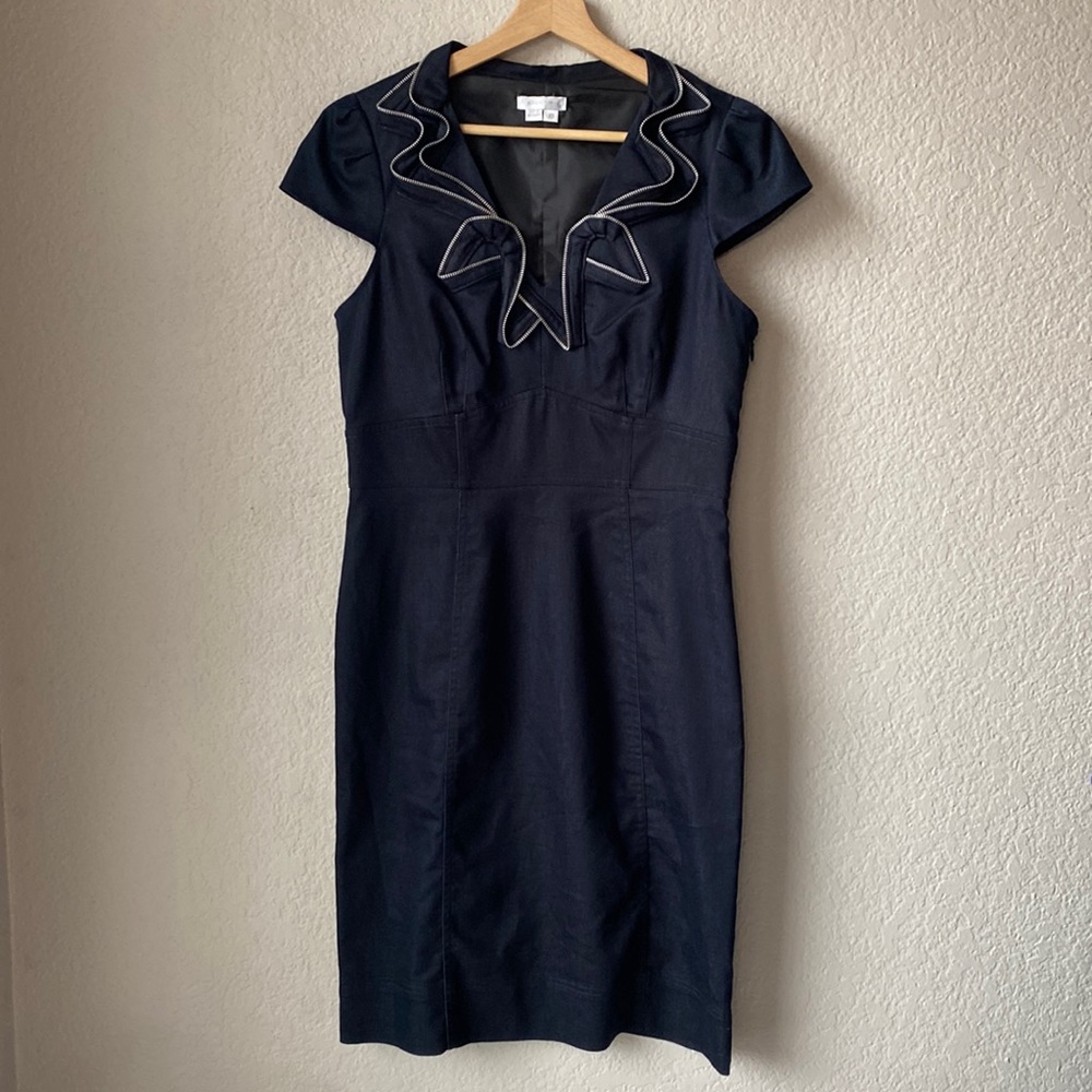 London Times Denim Dress Size UK 10 / US 6 Cap Sleeves Office Work Zipper Neck